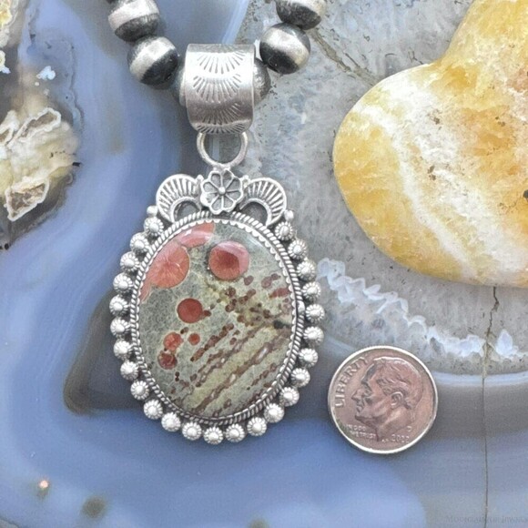 Sterling Southwestern Style Oval Peanut Obsidian Decorated Pendant For Women - Picture 8 of 10